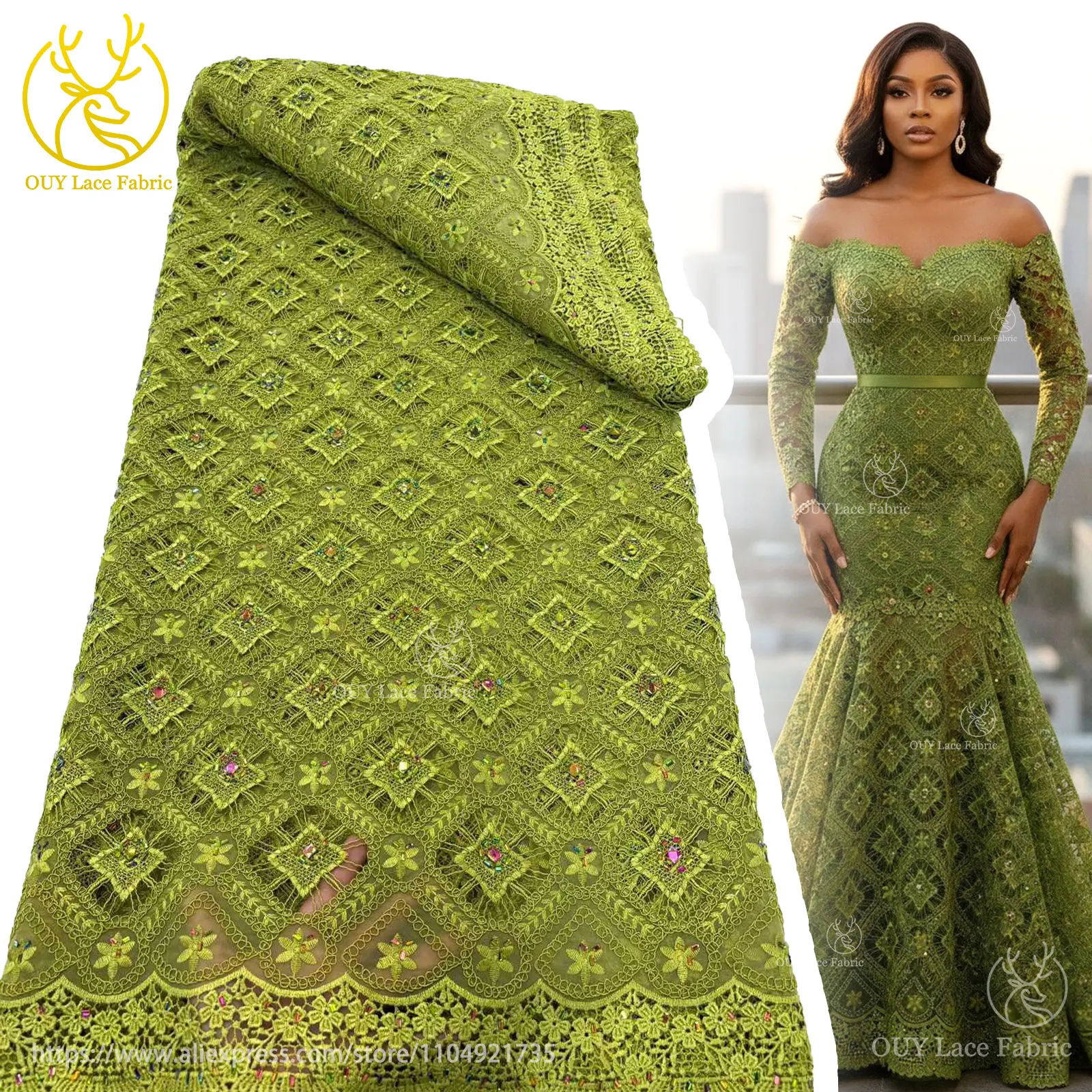 

Green Latest Elegant African Guipure Embroidered Lace Rope Stone Lace Fabric 2025 High Quality Nigerian Evening Dress Party