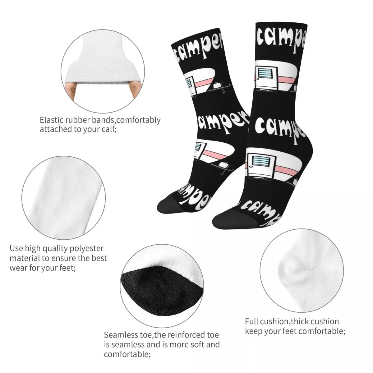 Casual Male Socks Camping Happy Camper Product Comfortable Graphic Sock All Seasons