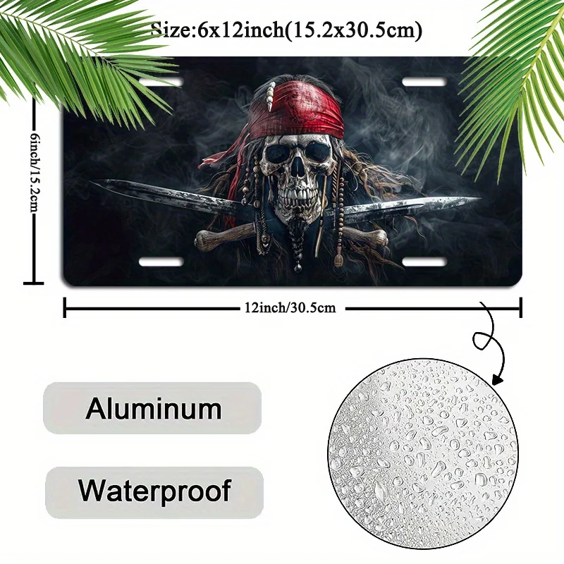 2D Flat, 1pc Pirate Skull Plaque - 6x12 Inch Decorative Hood Emblem for Car, with Crossed Swords and Red Bandana Design, Black B
