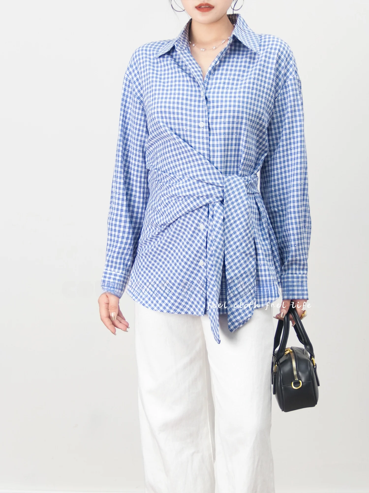 chelzy-coreen-plaid-irt-femmes-automne-nouveau-design-sens-strass-ceinture-taille-longue-sve-blouse-haut-faion-vetements-de-travail