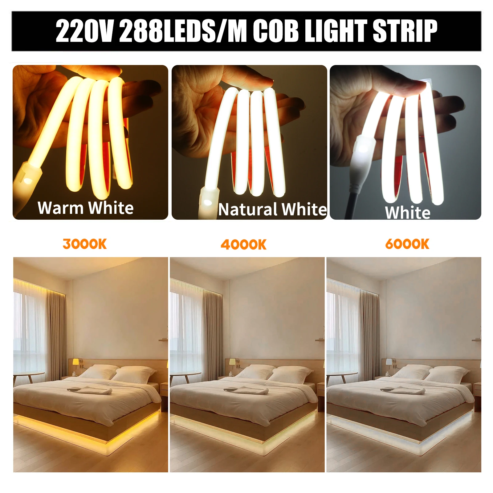 COB LED Neon Strip Light 220V 288Leds/M Waterproof IP65 Adhesive Lamp Tape With Switch/Dimmer EU Plug for Room Garden Lighting