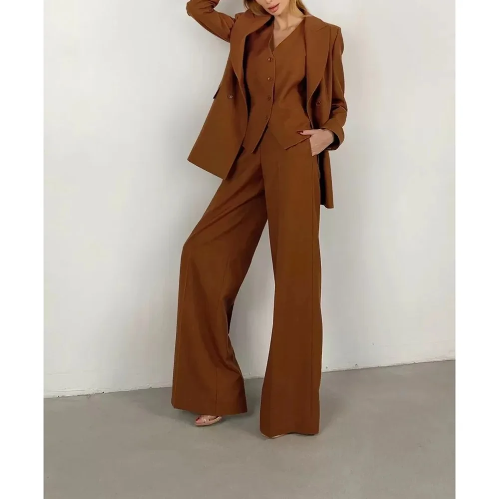 Elegant Light Brown Double Breasted New Female 3 Pieces (Blazer+Trousers+Vest) Custom Made Set Formal Evening Party Sets