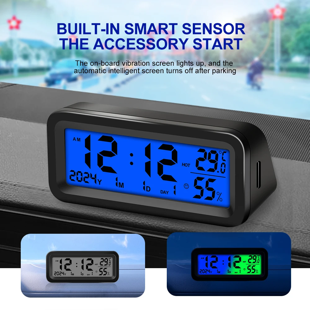 Solar Car Digital Clock Date Week Temperature Humidity LCD Backlit Display for Dashboard Car Clock Automobiles Internal Stick-On