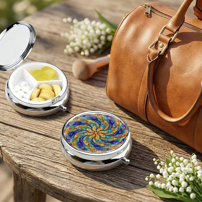 Portable Metal Pill Box, Round Three-Compartment Pill Box, Painted Glass Mosaic Floral Mandala Pattern, Mini Travel Vitamin Storage Box, Storage Container, Unique Decorative Gift, Suitable for Handbags or