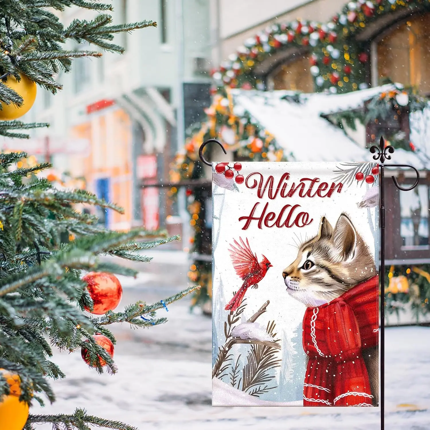 Hello Winter Cat Garden Flag 12x18 Inch Double Sided Cardinal Bird Snow Christmas Garden Flag for Outside Winter Festive Hol EEZ
