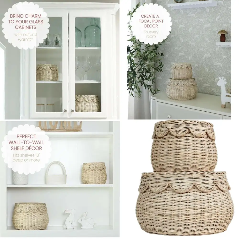 

Pair of Scalloped Natural Rattan Storage Baskets with Lids - Round, Handwoven for Boho Style Décor and Gifting