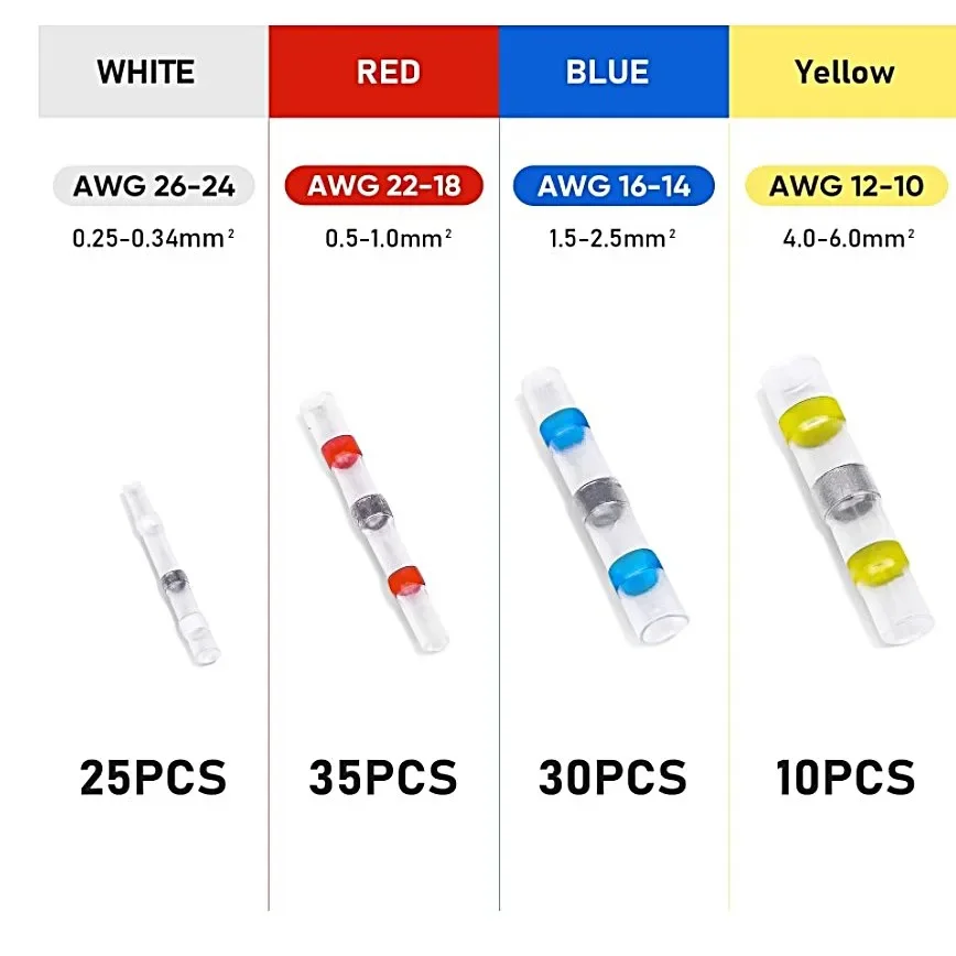 100pcs Waterproof Heat Shrink Butt Connectors Solder Sleeve Electrical Cable Terminal Red Blue White Yellow