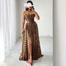 Fashionvane Customized Leopard Pattern Prom Dresses 2023 Women Wear Strapless Side Slit Sexy Robe Cocktail Party Evening