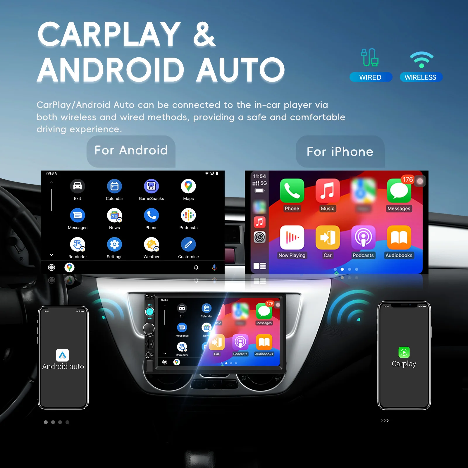 Hikity 1 Din CarPlay صوت السيارة أندرويد السيارات اللاسلكية مرآة ربط العالمي سيارة MP5 مشغل وسائط متعددة USB بلوتوث راديو FM EQ #3