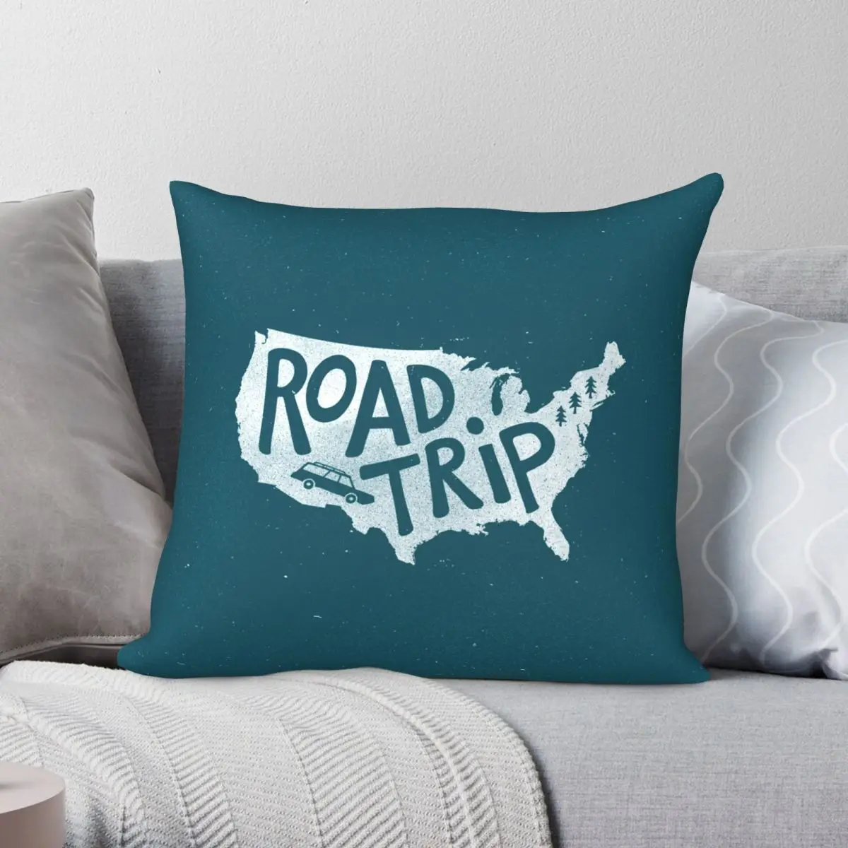 

Road Trip USA Blue Square Pillowcase Polyester Linen Velvet Printed Zip Decor Sofa Cushion Cover