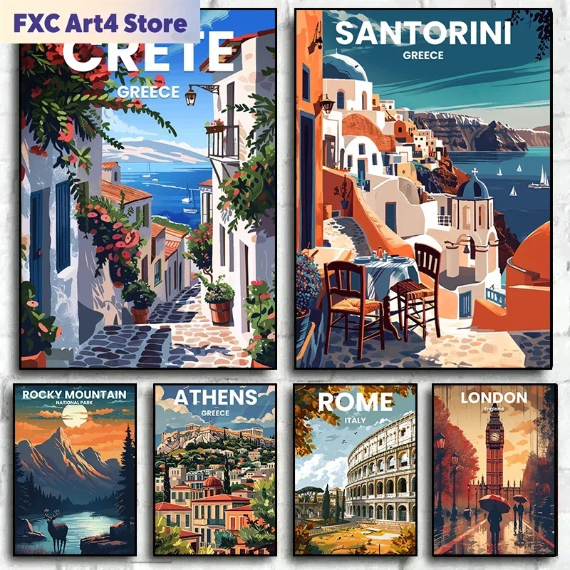 Frameless Modern Travel Cities Santorini Rome Crete Paris London Art Poster Canvas Prints Wall Art Painting for Home Living Room