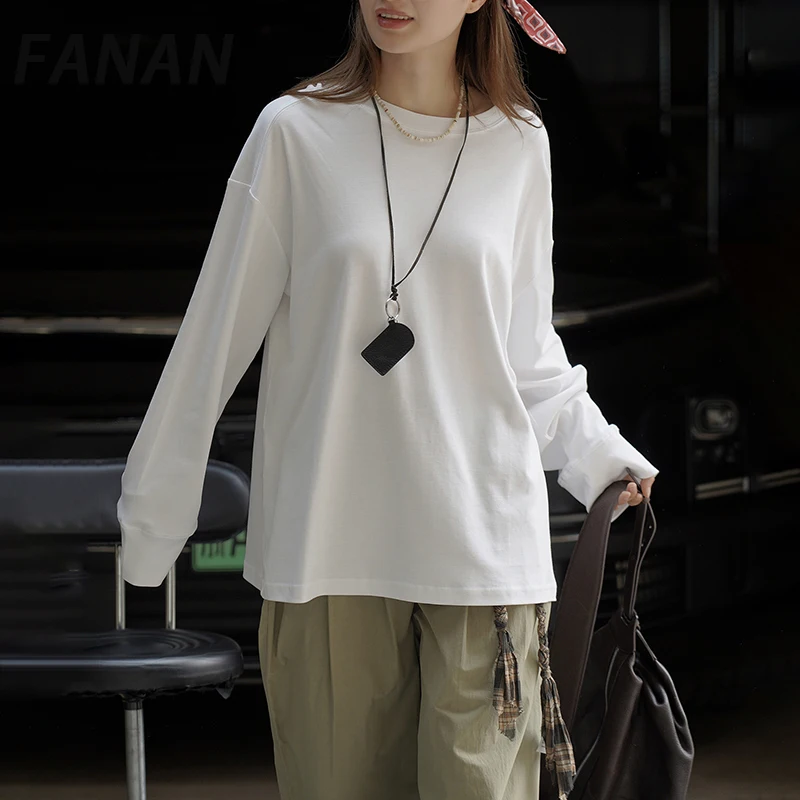 

FANAN Solid Minimalism Pullover Long Sleeve T-shirt For Women Round Neck Casual Loose Tops Fashion Clothes 2025 Autumn New