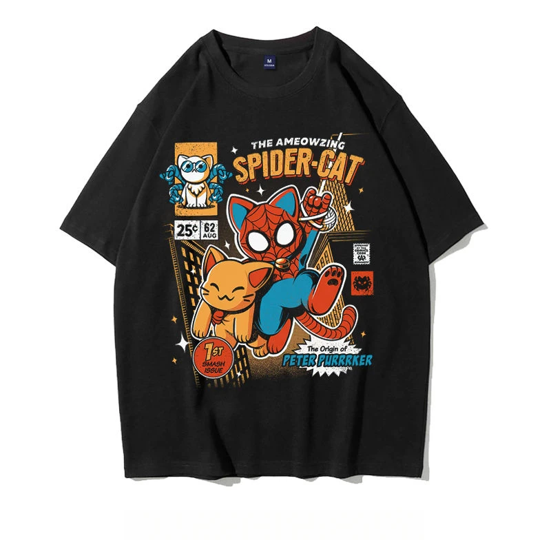 Spidercat Funny Graphic Cotton T-shirt Unisex Men Women Short Sleeve Summer Short Sleeve Fashion Fan Essentials Daily Casual Tee