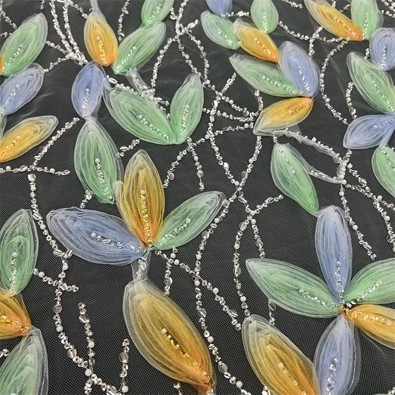 

1-ярдовая кружевная ткань, 3D цветочная вышивка бисером, шитье свадебных платьев, вечерние платья, костюмы для выступлений, модная ткань для DIY