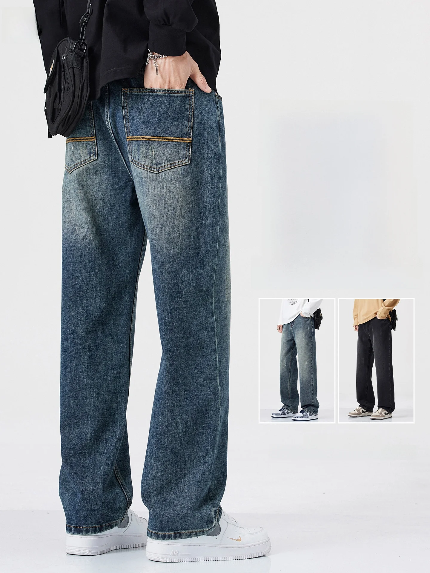 

American Sle Loose Wide Leg Jeans Men's Spring Autumn New Loose Straight Casual Long Trousers Trendy mid Waist Cotton Polye...