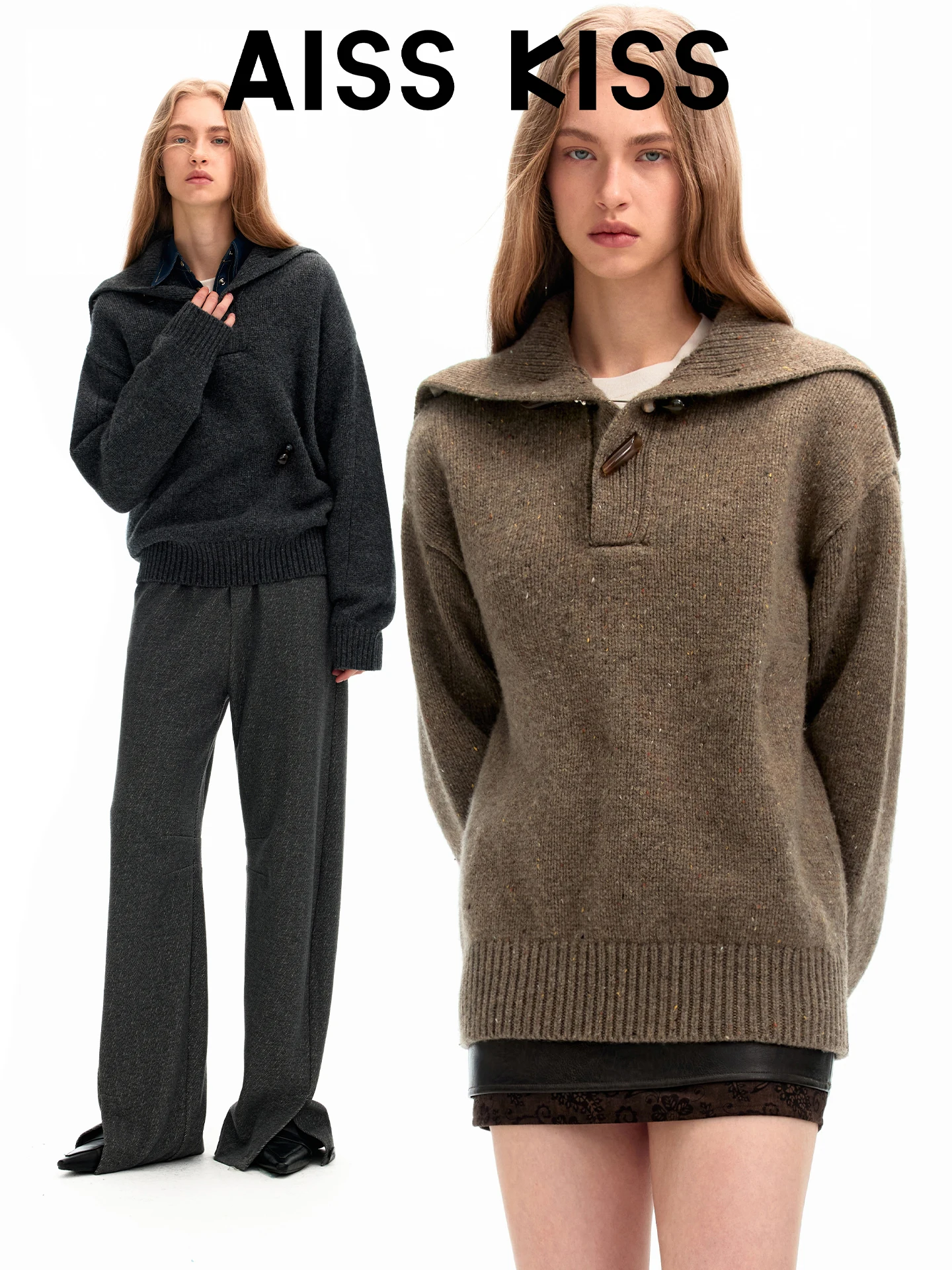 

Aiss Kiss Lazy Sle Winter Thiened Loose Large Collar Texture Design Woolen Overhead Sweater for Women Warm Knitted Long S...