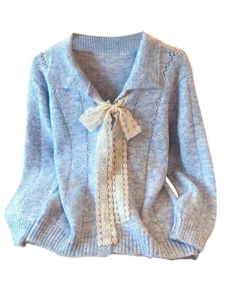 

Lace-Up Collar Knitted Sweater Coat Women's Autumn Winter Anti-Aging Loose Lazy Knitted Open Cardigan Self-Reserve Sle