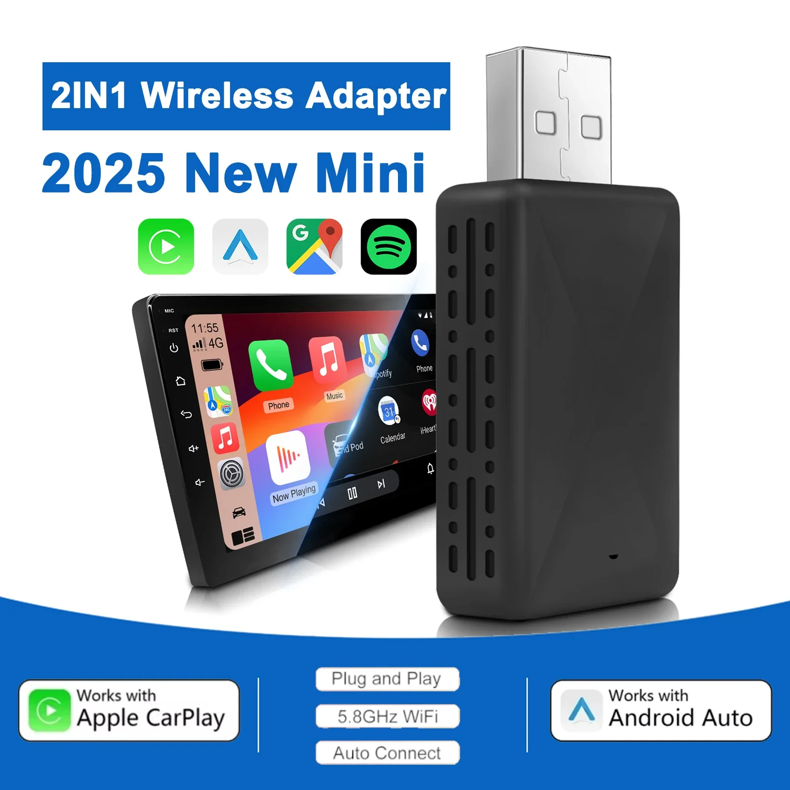 2-in-1 Wireless CarPlay Android Auto Adapter for Factory Wired Cars 5.8GHz WiFi Plug and Play USB Converter Box with OTA Update