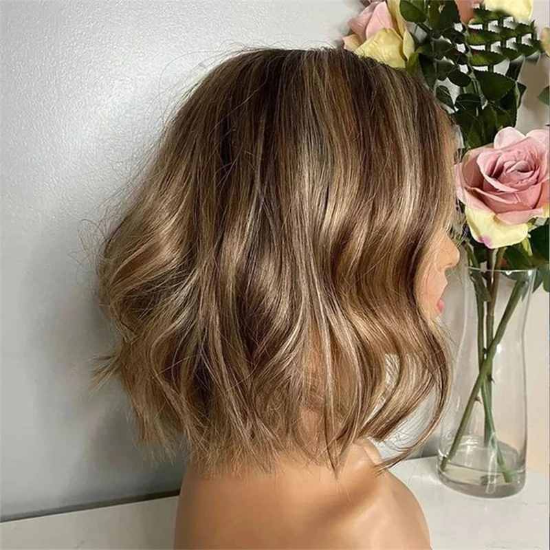 Kurze Bob Esche blonde Spitze Frontal Perücke 100% Echthaar braun Highlight 13x4 Wasserwelle HD Spitze Front Echthaar Perücken für Frauen