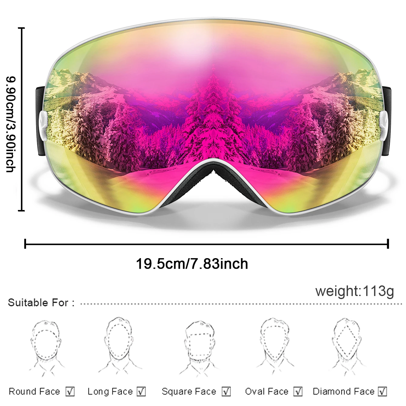 Ourdoor Sports Teen Men Women Ski Goggles-Anti-fog UV400 Eyewear, Christmas and New Year Gift, Free Black Lens and Optical Frame