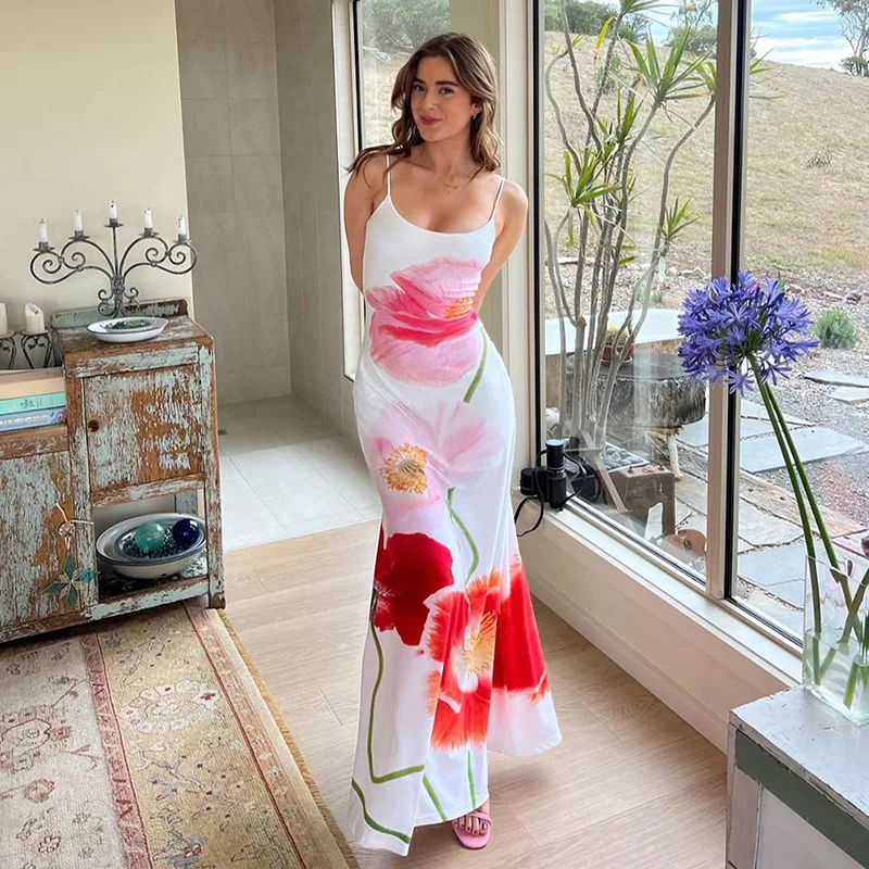 

Spring women's new suspender backless flower print sexy long skirt dress