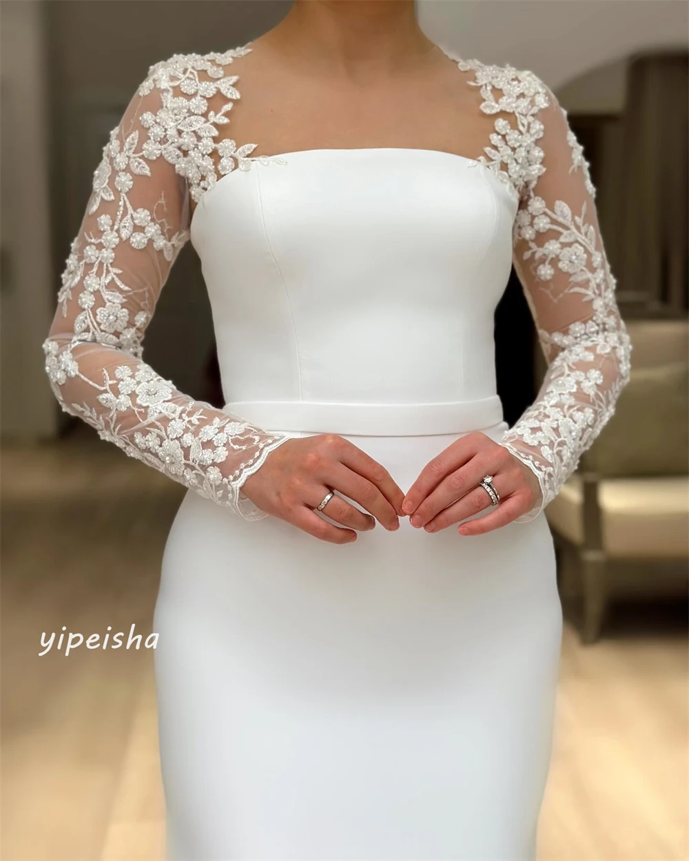 Jersey Applique Pearl Ruched Cocktail Party A-line Square Neck Bespoke Occasion Gown Midi Dresses