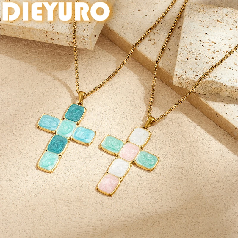 DIEYURO 316L Edelstahl-Halskette mit farbigem Wirbel-Emaille-Quadrat-Inlay-Kreuz-Anhänger für Damen, neue modische Halskette, Schmuck