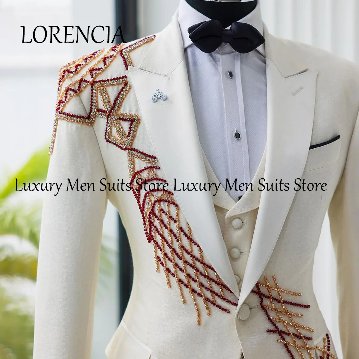 Customized Crystals Men Suits Peaked Lapel Wedding Groom Tuxedos 2 Pieces Sets Male Party Prom Blazer Slim Costume Homme