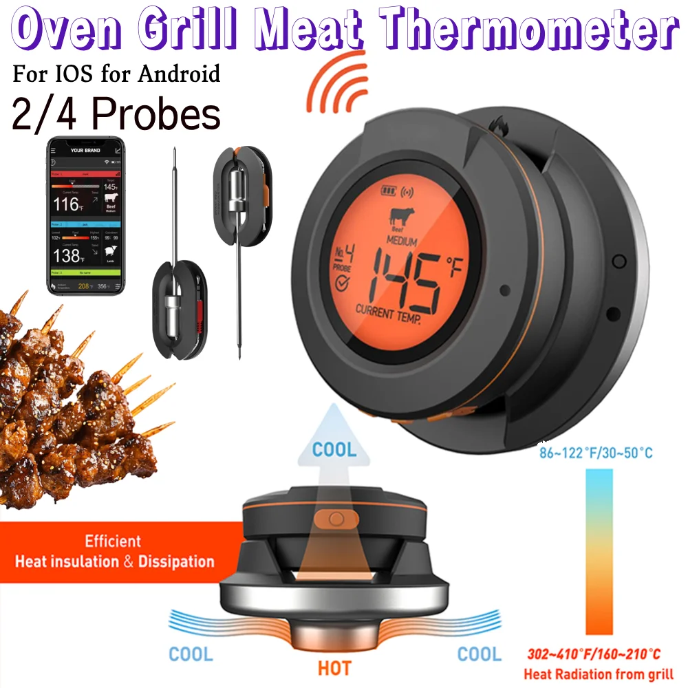 Digital Wireless BT Oven Grill Meat Thermometer 2/4 Probes Thermometer Barbecue Temperature Gauge For IOS for Android for Oven