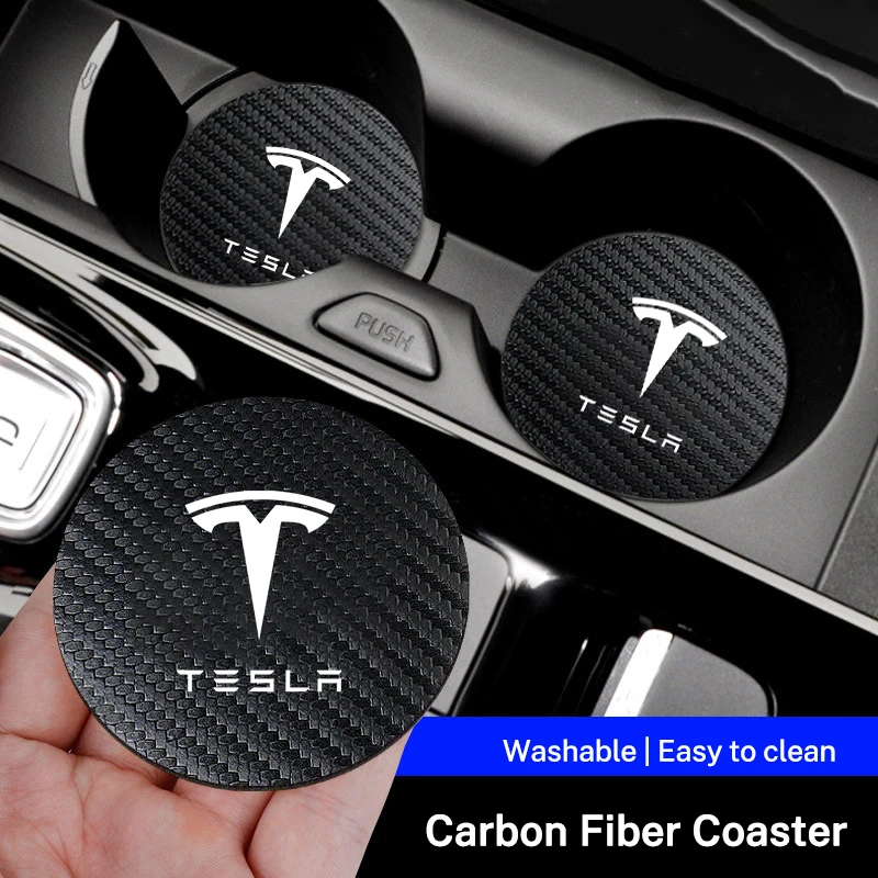 2Pcs Car Logo Carbon Leather Water Cup Pad Anti-noise Coaster Mat For Tesla Model 3 Model S X Y Roadster SpaceX Auto Accessories