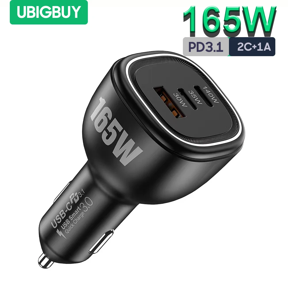 Ubigbuy 165W szybka ładowarka samochodowa z 140W PD 3.1 USB C i 30W QC3.0 USB-A dla macbooka Pro 16 \