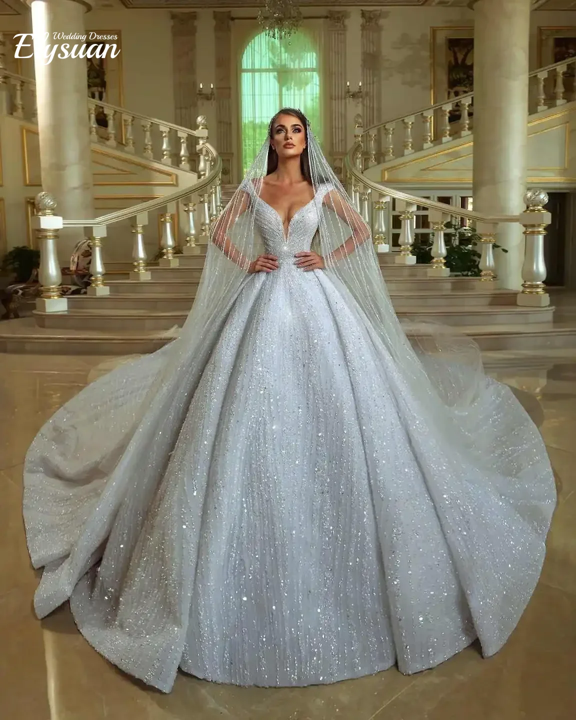 

Customized Wedding Dresses A-Line V-Neck Sequins Beading Backless Sleeveless Floor-Length Bride Vestidos De Noiva