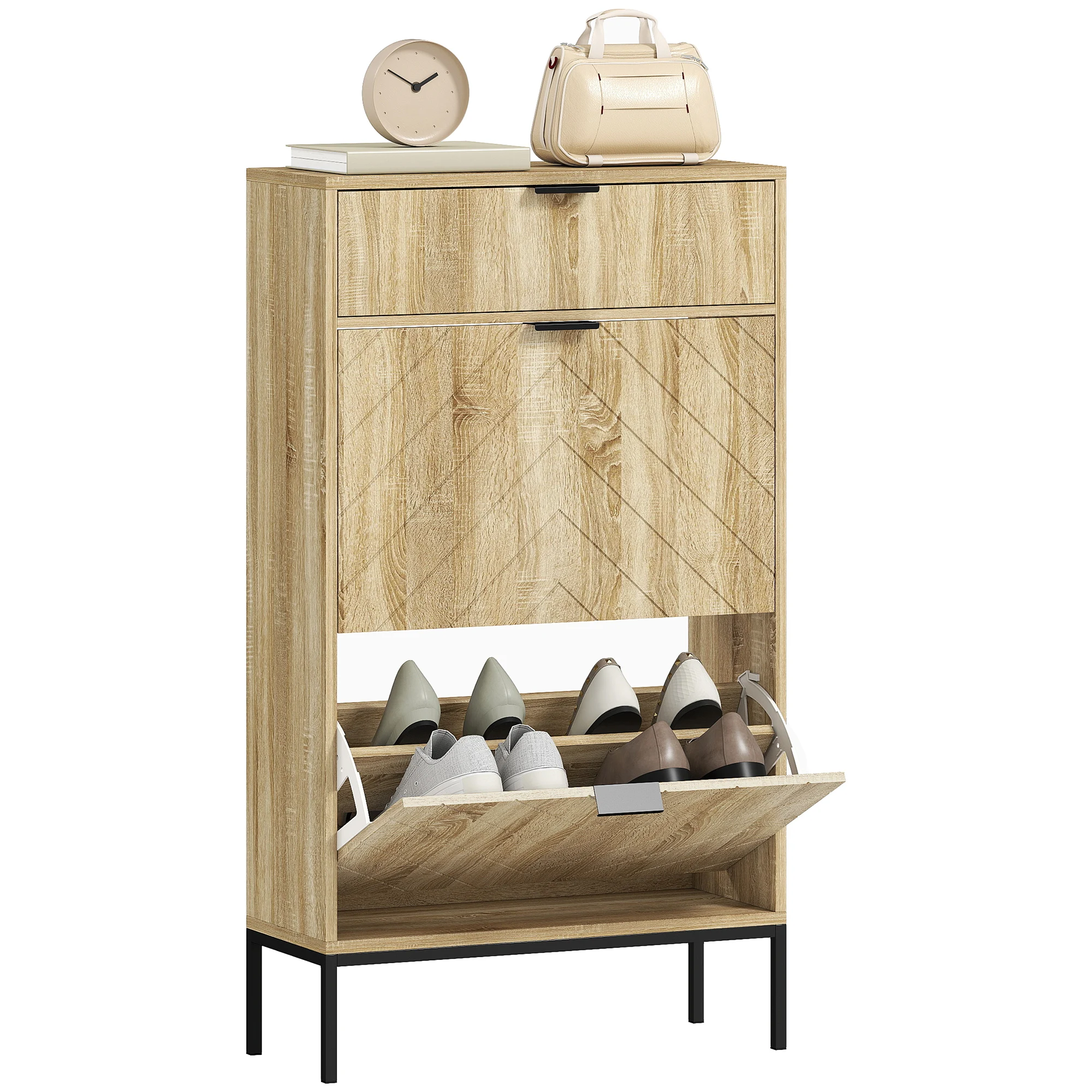 HOMCOM Zapatero Estrecho con 2 Puertas Cajón y Estantes Ajustables para 8 Pares de Zapatos 60x24x105,5 cm Roble