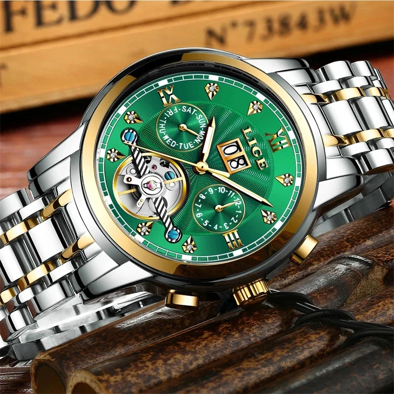 LIGE New Fashion Automatic Watch Men Sport Military Waterproof Watches for Men Casual Business Tourbillon Mechanical Wristwatch