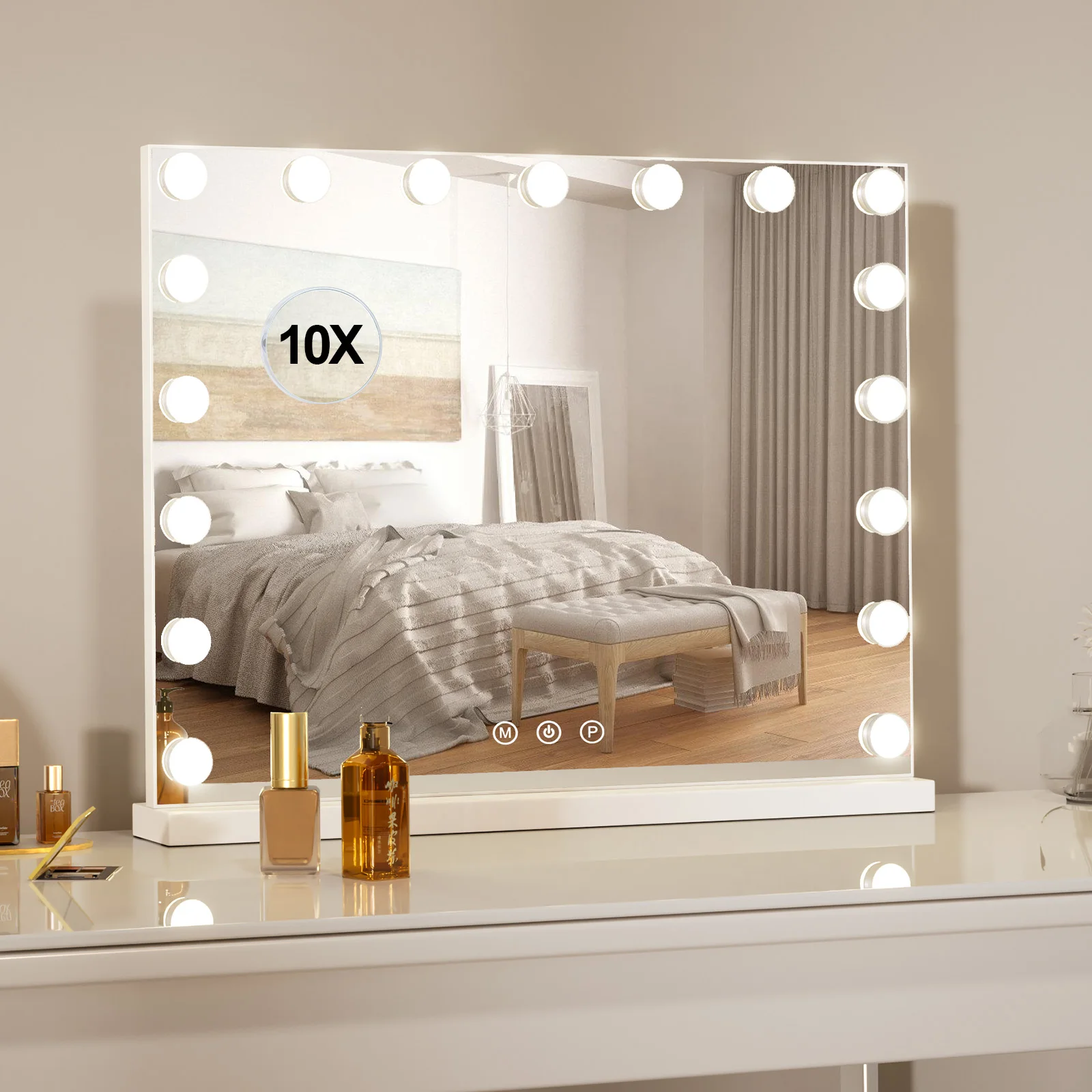 Miroir de maquillage Hollywood 60x52cm avec 17 lumières LED, grand miroir lumineux, miroir cosmétique à 3 modes de couleur réglables pour coiffeuse et chambre à coucher