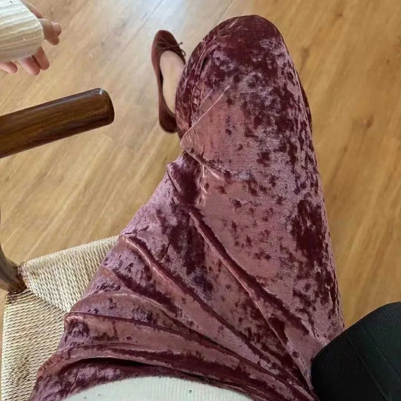 Damen 2025, Herbst und Winter, neuer Stil, gespleißt, hohe Taille, Schlitz, A-Linie, hüftbetonter Samtrock