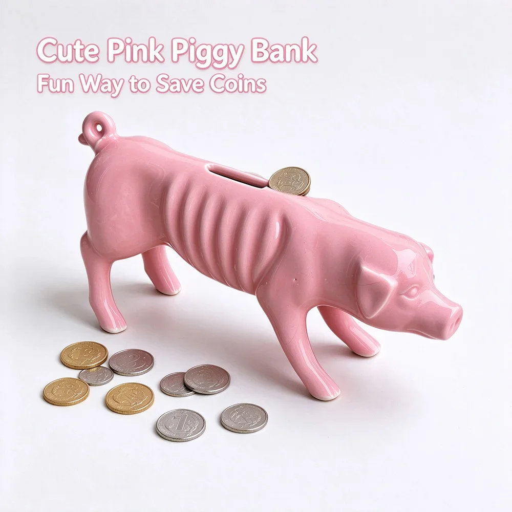 Funny Ceramic Piggy Bank Slim Pink Pig Pork Rib Style Coin Holder Creative Coin Storage Box Interesting Gift Choice for Friends