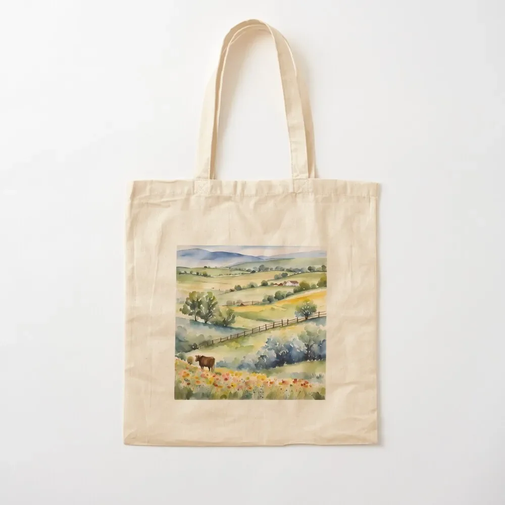 Rural Countryside Charm: Rolling Hills and Blossoming Meadows - Watercolor Landscape Tote Bag Eco bag Lady bag