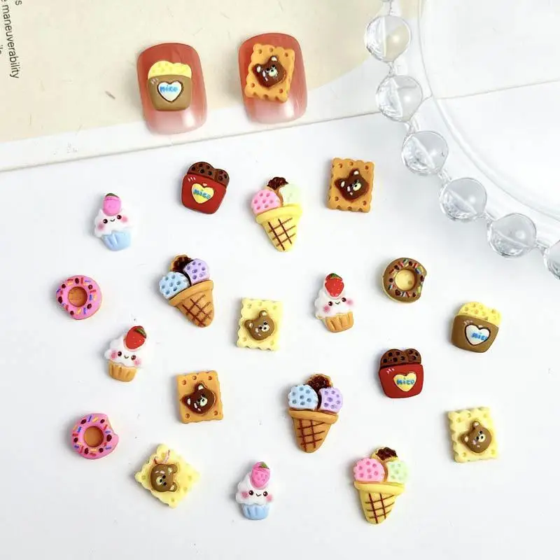 30Pcs Simulated Cute Bear Cookies Donuts Nail Charms Creative Cakes Ice-Cream Desserts Resin Nail Art Decoration DIY Nail Crafts