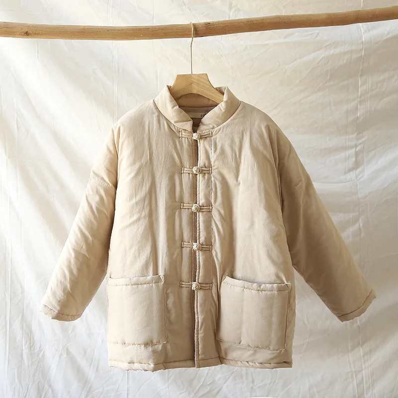 

Careaymade Cotton Linen Women Solid Color Parkas Coats New Vintage Winter Loose Blue And White Porcelain Splice Cotton Coats