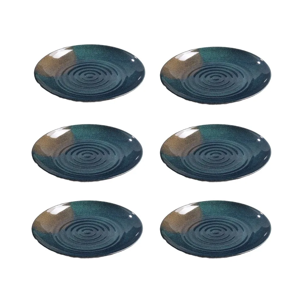 6 Pcs Black Melamine Dinner Plates Concentric Ripple Flat Dishes For Cold Dish Steak Serving Restaurant Home Tableware Set