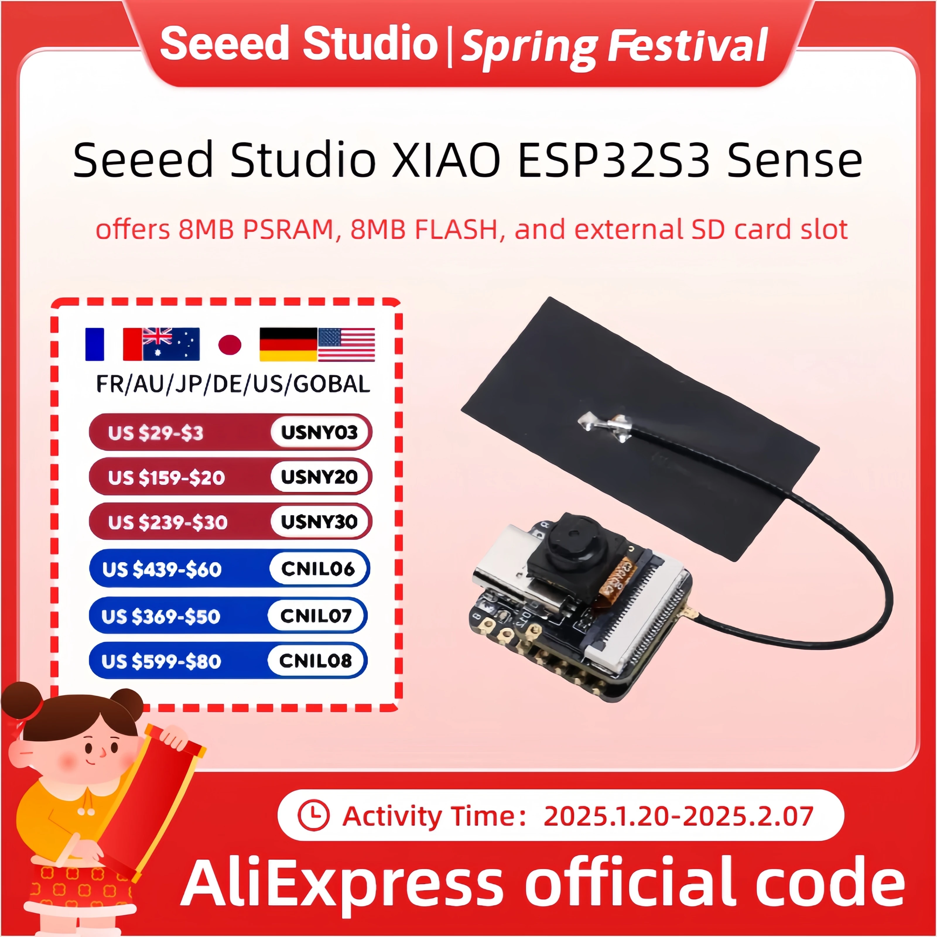 ESP32 S3 Sense ESP32 cam Super Mini Development Board 2.4GHz Wi-Fi, BLE 5.0, OV2640 Camera Sensor, Digital Microphone 8MB