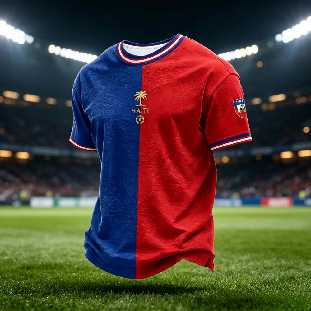 Herren Haiti Fußballtrikot Blau Rot mit geprägtem Palmenmuster Kurzarm Kreativer Verkaufsschlager Fan-Sport-T-Shirt Familien- und Kinder-Set