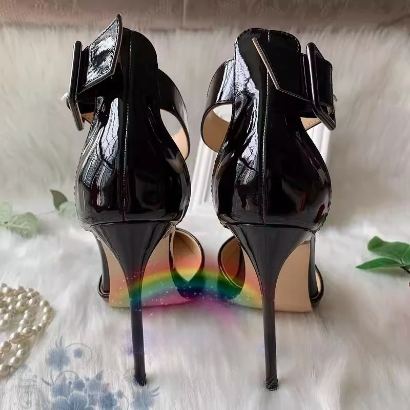 Black Patent Leather Pointed Hollow Belt Buckle Foot Ring with Bag Heel Women's 12cm Fine Heel Catwalk Cool Boots view 4