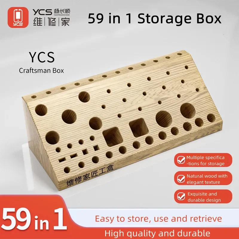 YCS 59 Holes Wooden Storage Box for Mobile Phone Repair Tweezers Screwdrivers Solder Iron Handle Classification Collection Tool