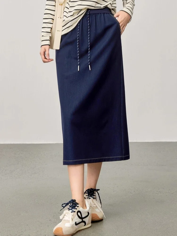 

SENTUBLA, прямая юбка, женская осень 2024, Новое поступление, простой дизайн на шнурке, юбка контрастного цвета, джинсовая синяя 153QF2729