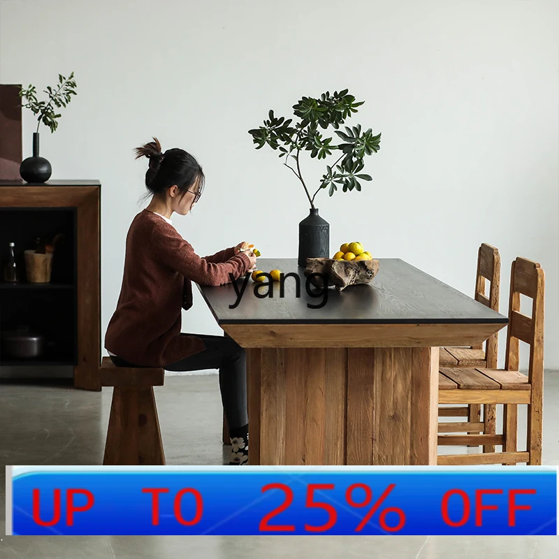 

LTT rectangular solid wood dining table for eight, black oak leather desktop retro