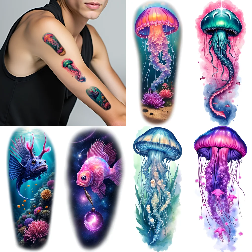 9pcs Temporary Tattoo Colorful Fish Colorful Realism Seahorse Octopus Waterproof Long-lasting Body Stickers For Men Women