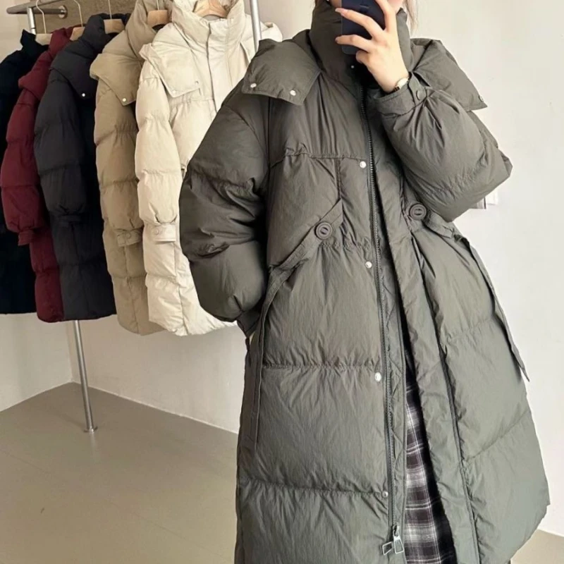 Hooded Puffer Jacket for Women, Thick Warm Parka, Casual Loose Pockets, Mid-length Down Jackets, Windproof, Warm, Winter, New