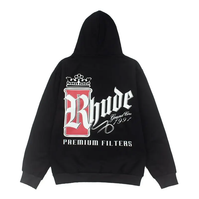 RHUDE American Retro Letter Print Hoodie, Fleece-Lined Fall Winter New Loose Casual Long Sleeve Top